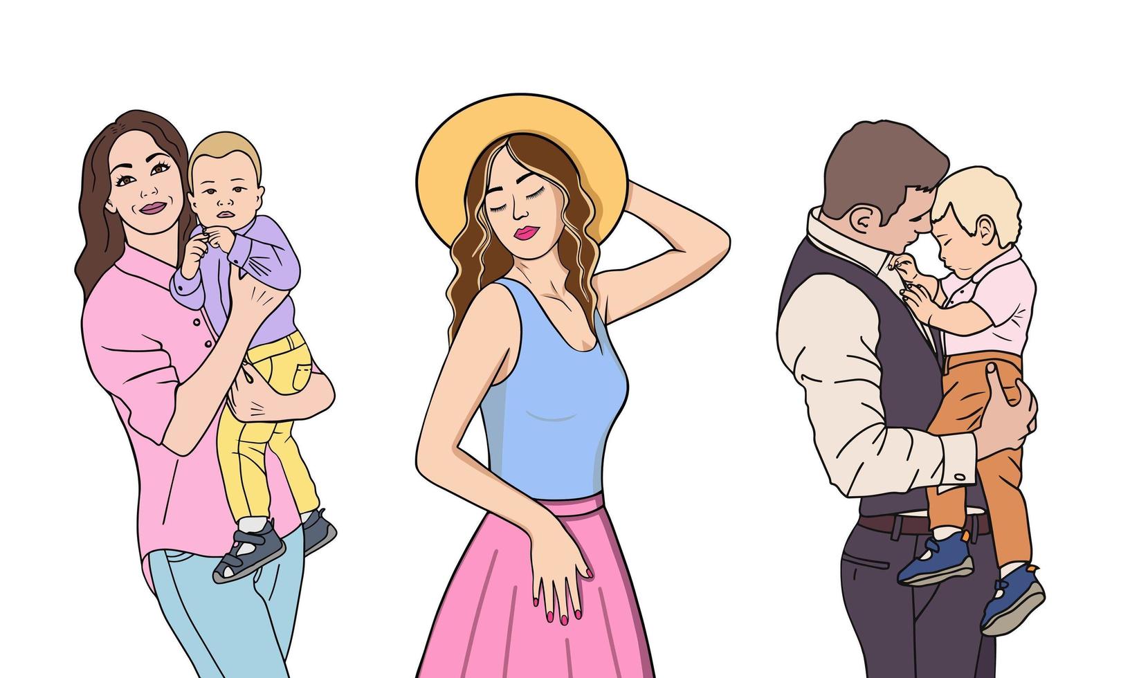 conjunto de pessoas diferentes, jovem, mãe com filho, pai e filho. ilustração. vetor