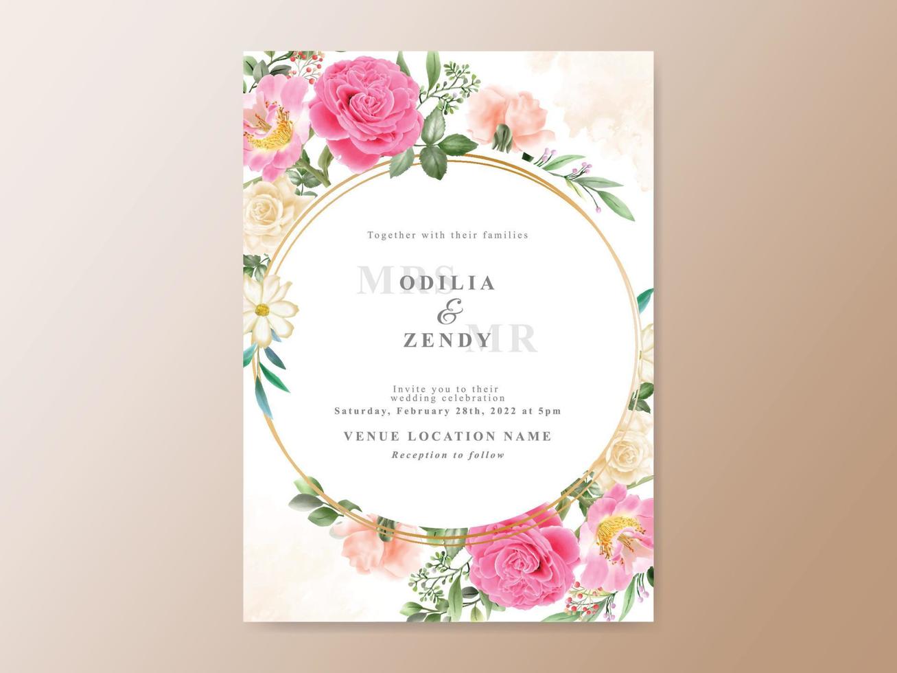 cartão de convite de casamento de lindas flores rosa e amarelo vetor