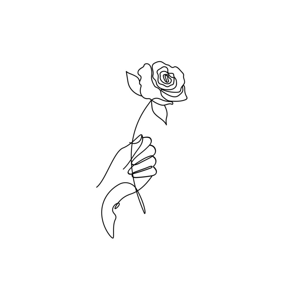 arte rosa desenho estilo minimalismo de uma mão segurando uma flor. eps10 de ilustração de desenho vetorial. vetor