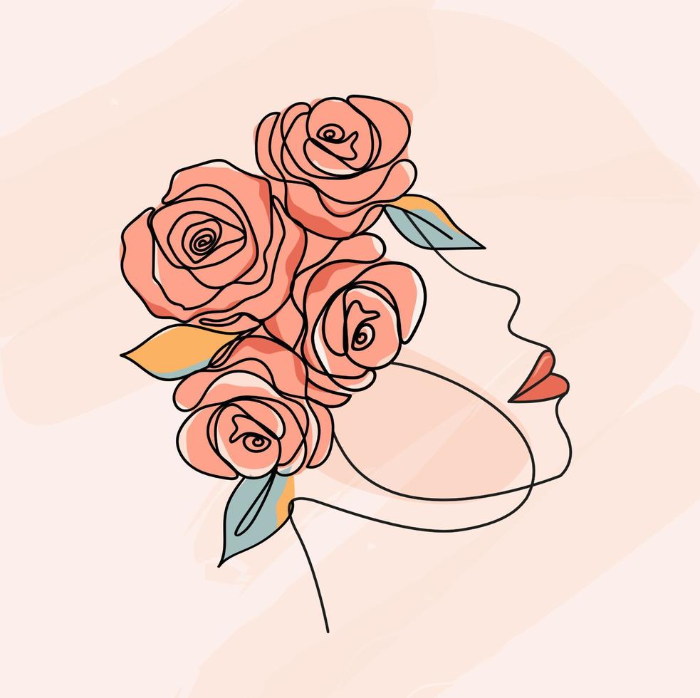 rosto de beleza com estilo de minimalismo de arte de desenho de linha de flores. mulher com flores e. ilustração vetorial design eps10. vetor