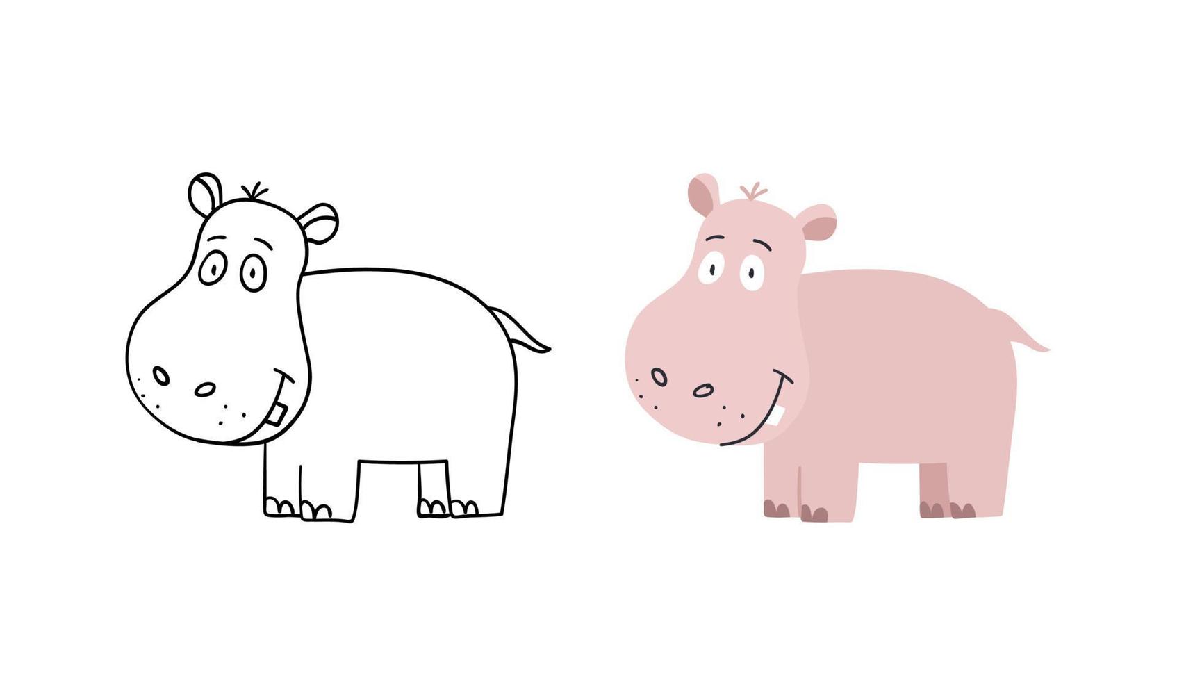 ilustração desenhada à mão do hipopótamo. hipopótamo engraçado bonito do vetor. versão de contorno e cor. vetor