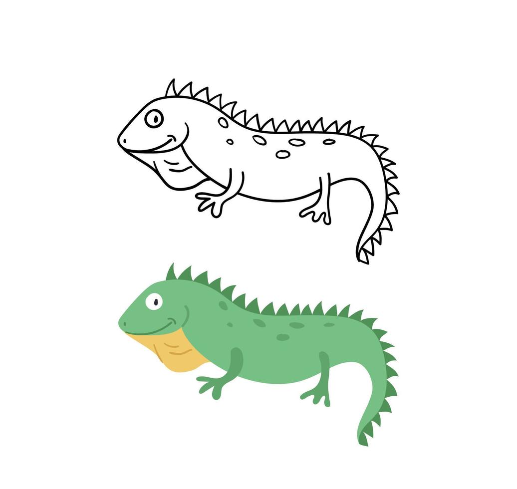 ilustração vetorial desenhada à mão com iguana. animal engraçado fofo. versão de contorno e cor. vetor