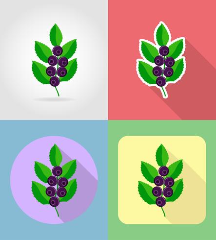 frutas mirtilos plano conjunto de ícones com a ilustração do vetor de sombra