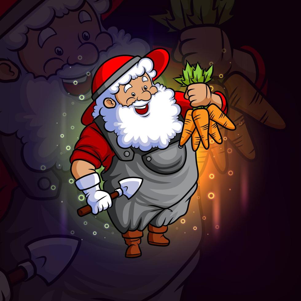 o fazendeiro papai noel com um monte de mascote esport de cenoura vetor