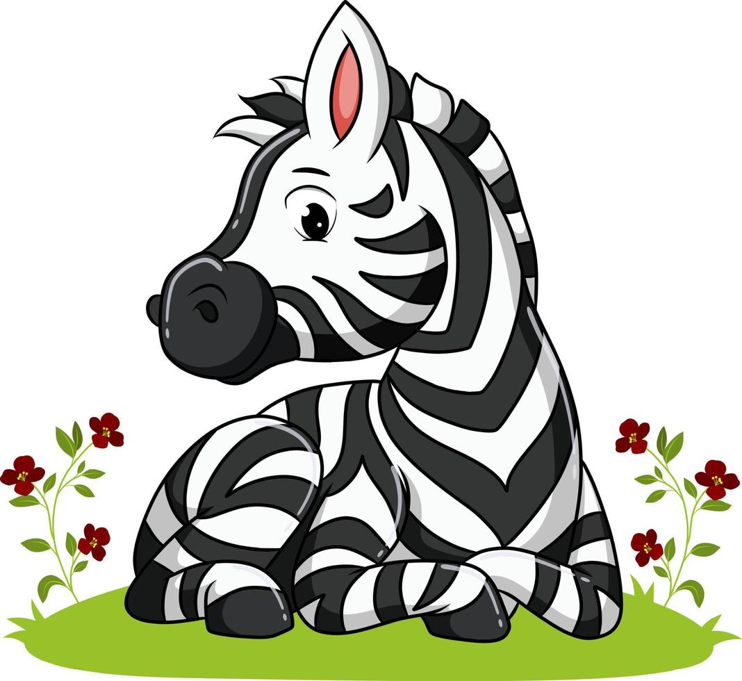 a zebra está deitada no jardim cheio de flores vetor