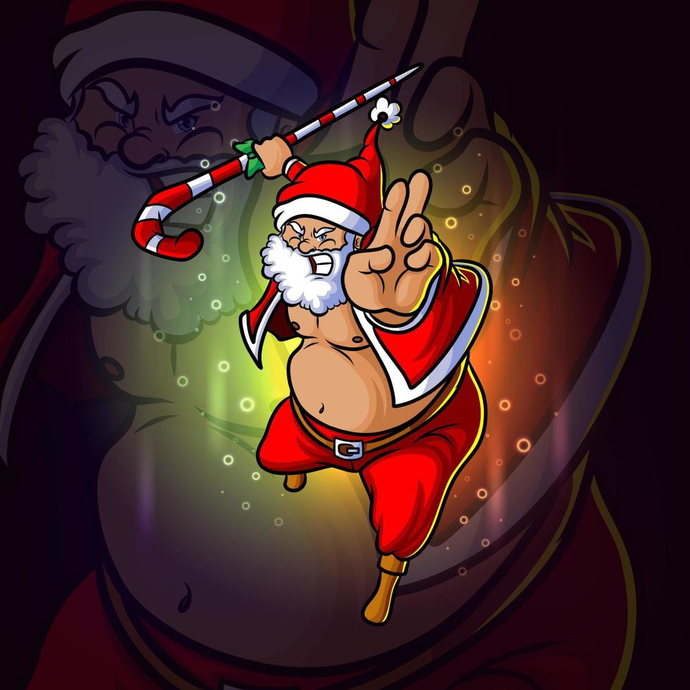 o papai noel wushu com o design do mascote esport do bastão de doces mágicos vetor