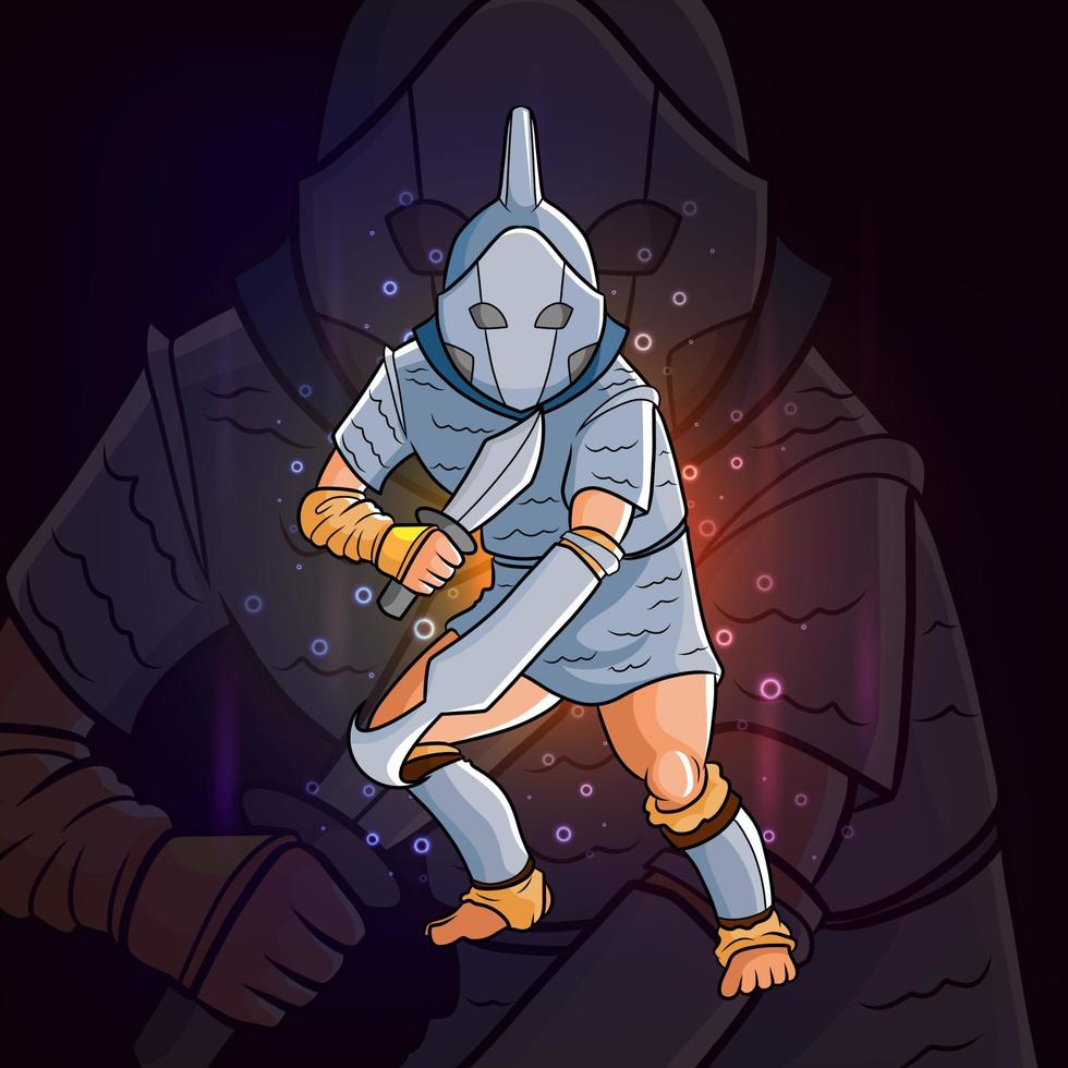 o cavaleiro com o design do logotipo da armadura e da espada esport vetor