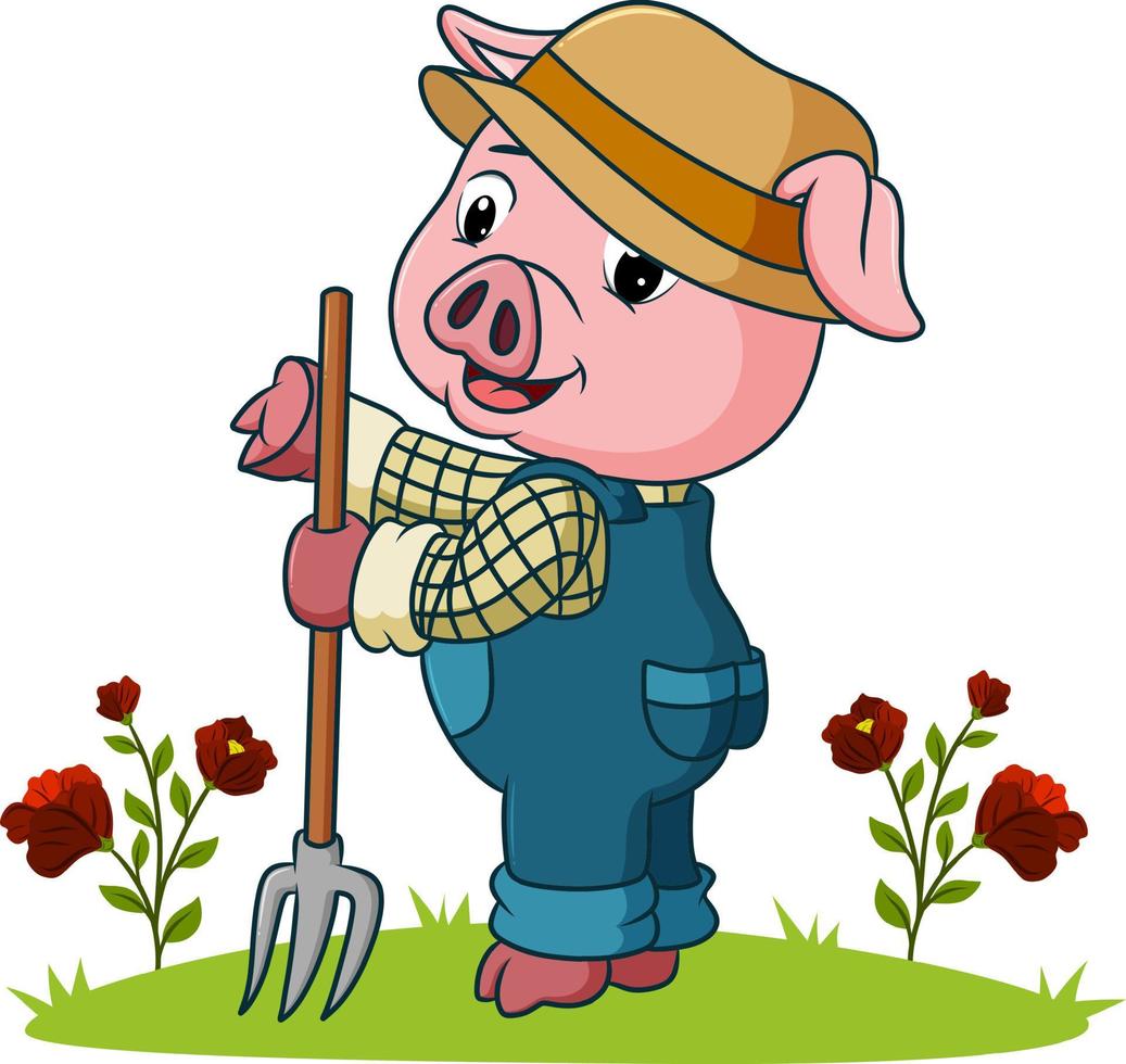 o porco agricultor com garfo de terra vetor