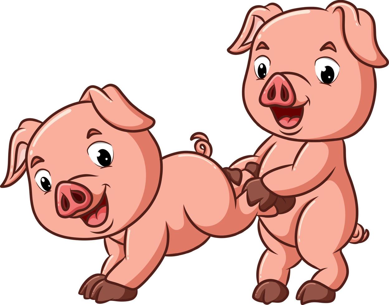os dois porcos felizes estão brincando juntos vetor