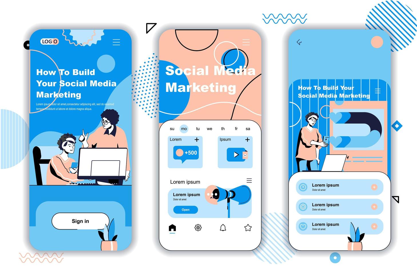 telas de integração de conceito de marketing de mídia social para modelos de aplicativos móveis. promoção de estratégia online de sucesso. kit de interface de usuário ui, ux, gui com cenas de pessoas para web design. ilustração vetorial vetor