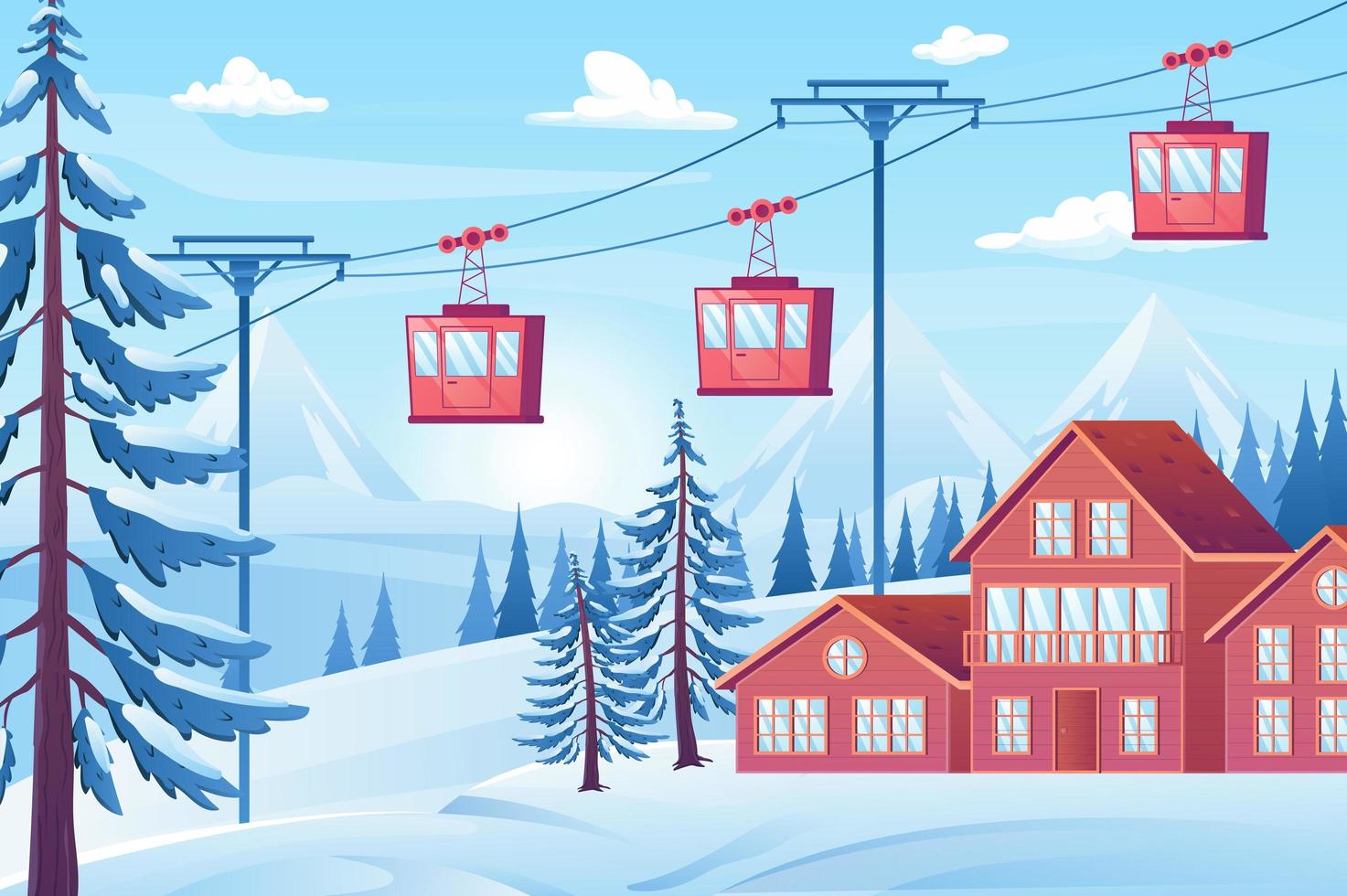 estação de esqui com conceito de vista do teleférico em design plano dos desenhos animados. casas de férias, floresta de inverno com abetos, montanhas nevadas, cabines de teleférico de elevação. cenário natural. ilustração vetorial fundo vetor