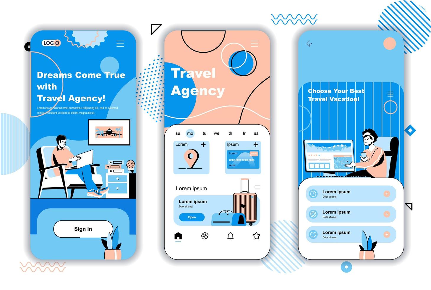 telas de integração de conceito de agência de viagens para modelos de aplicativos móveis. operador ajuda a escolher tour, viagem, férias. kit de interface de usuário ui, ux, gui com cenas de pessoas para web design. ilustração vetorial vetor