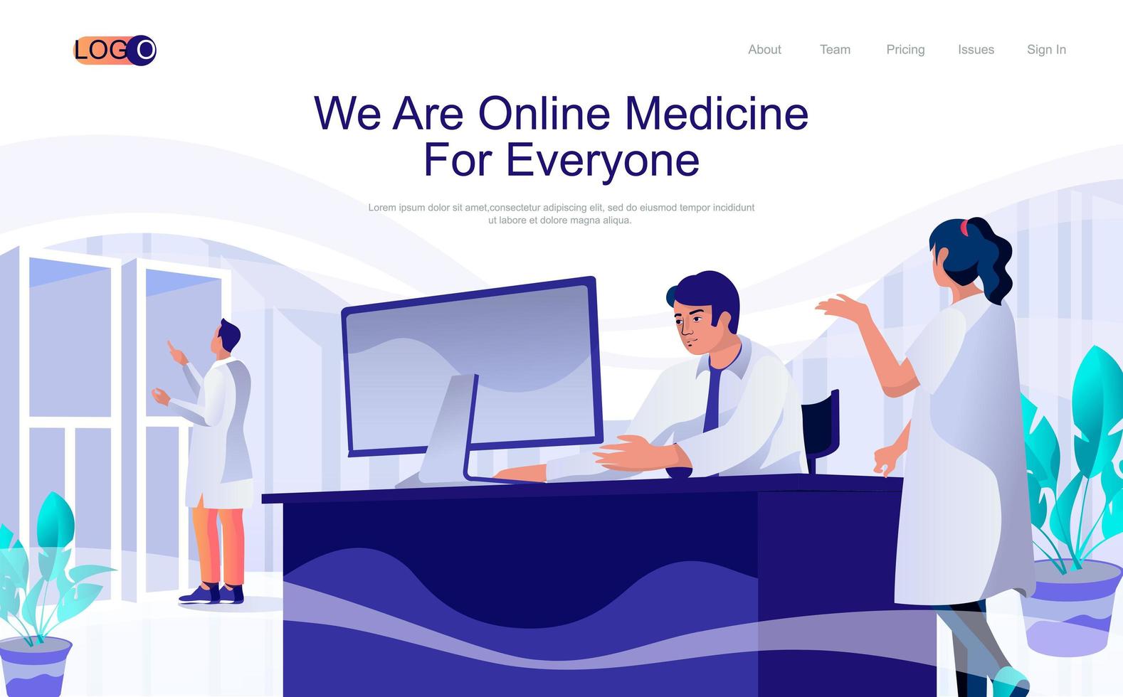 página inicial isométrica do conceito de medicina online. pessoas trabalham em clínica médica, serviços de consulta e diagnóstico, banner de web 3d de saúde. ilustração vetorial em design plano para modelo de site vetor