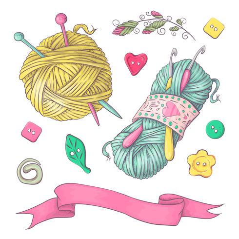 Um conjunto de roupas de malha clew agulhas de tricô. Desenho à mão. Ilustração vetorial vetor