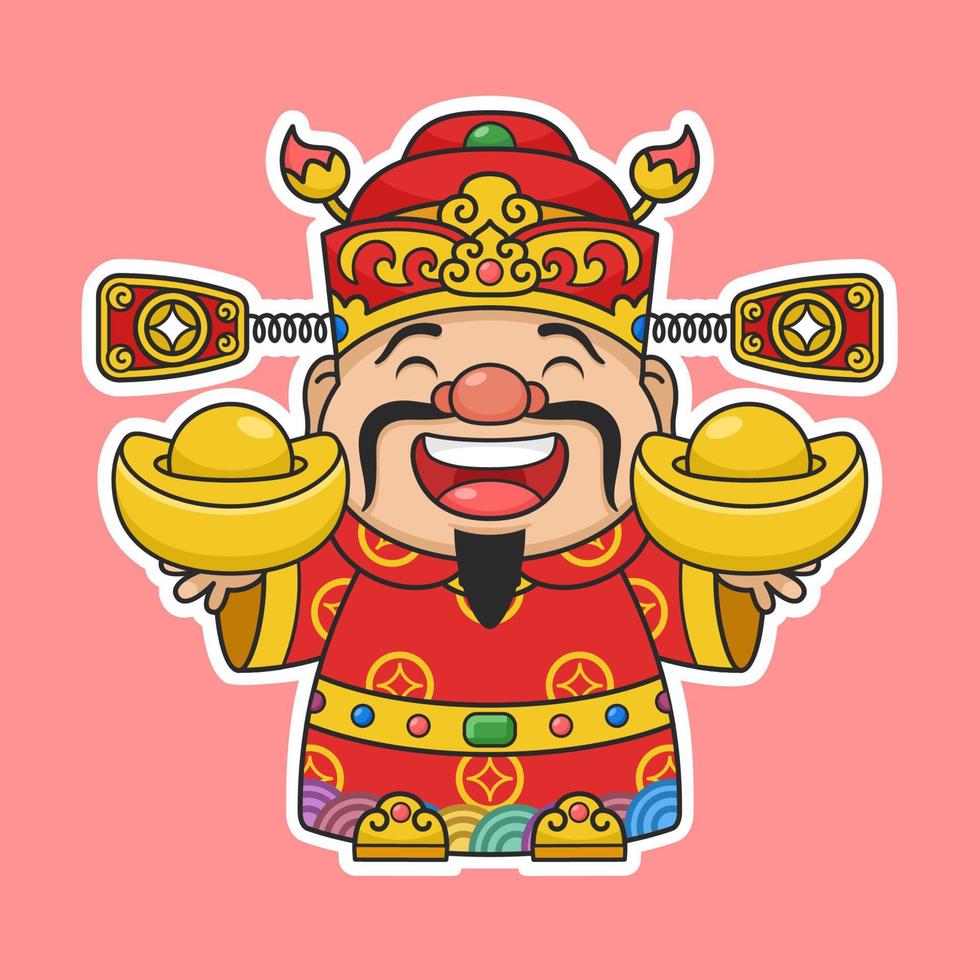 Deus da fortuna fofo do ano novo chinês segurando duas moedas de ouro vetor