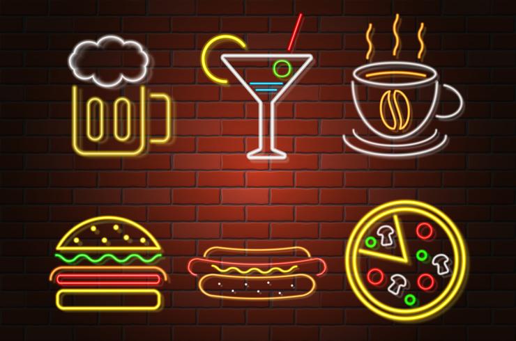 brilhante néon tabuleta fast food e bebida ilustração vetorial vetor