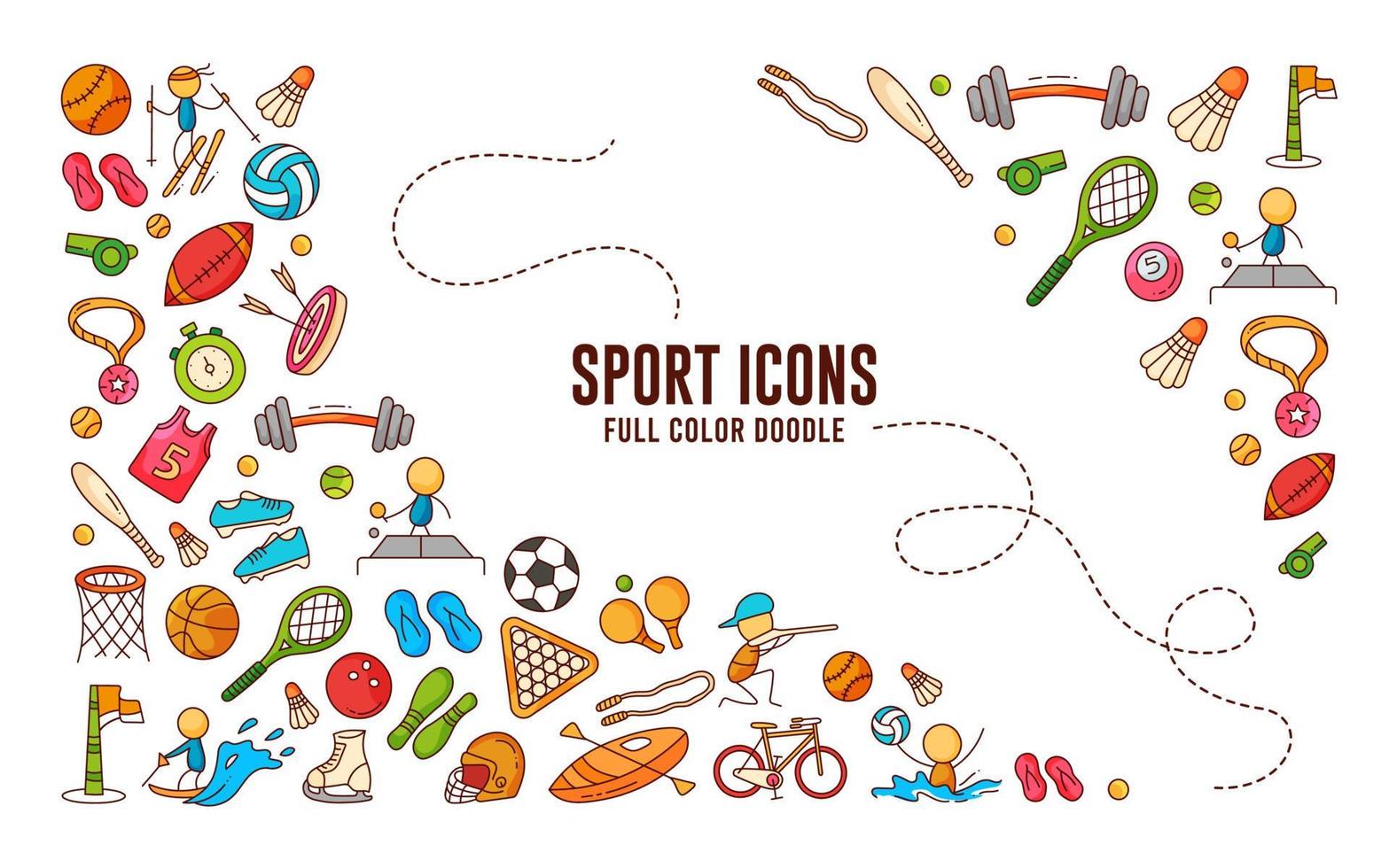 elemento de doodle de esporte, doodle de padrão de esporte, doodle de desenho de mão, conjunto de ícones de esporte, contorno preenchido com cores vetor
