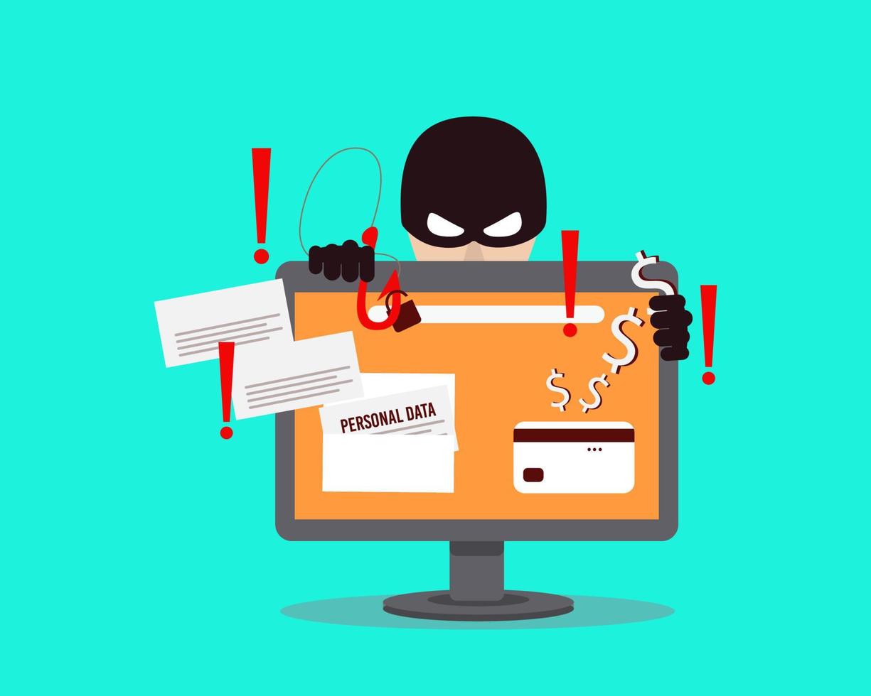 um hacker de computador que rouba dinheiro e dados pessoais na internet. crime na web com hacking de senha. o conceito de phishing, ataques de hackers, fraude online e proteção na web. ilustração vetorial. vetor