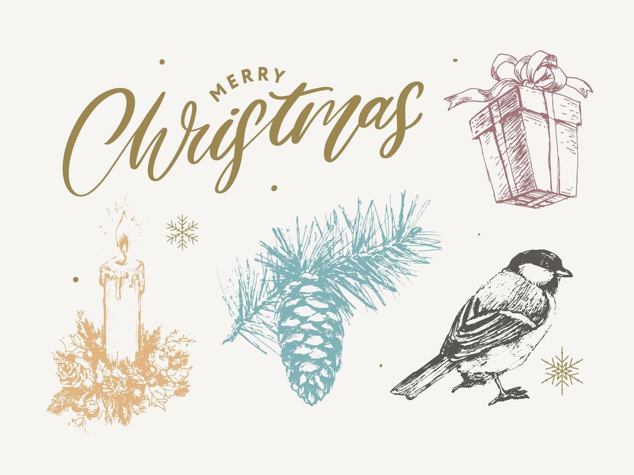 desenho de natal, vetor, azevinho, árvore de natal, pinheiro, ramos de folhas, decoração de férias, símbolos de inverno ilustração da natureza vintage vetor