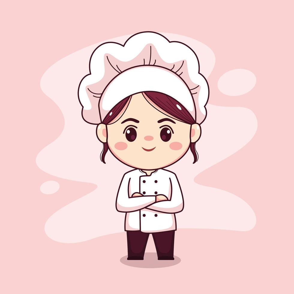 Desenho de chef feminino fofo e kawaii com as mãos cruzadas desenho de personagens vetoriais manga chibi vetor