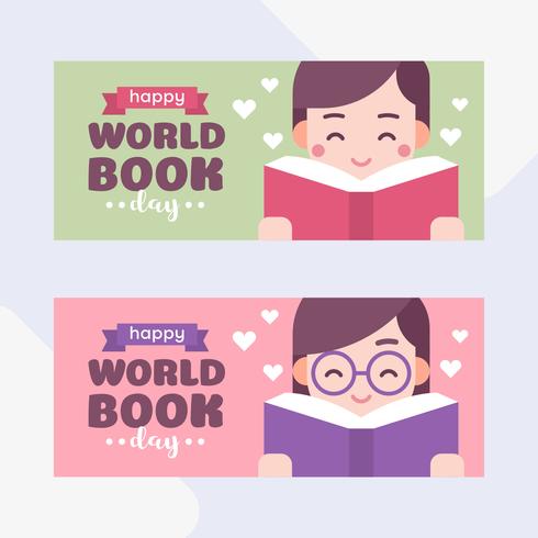 Miúdos bonitos que lêem um livro. Menino e menina. Ilustração em vetor dos desenhos animados do mundo livro dia