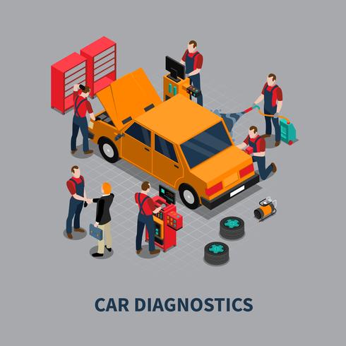 Composição isométrica do centro do automóvel do diagnóstico do carro vetor