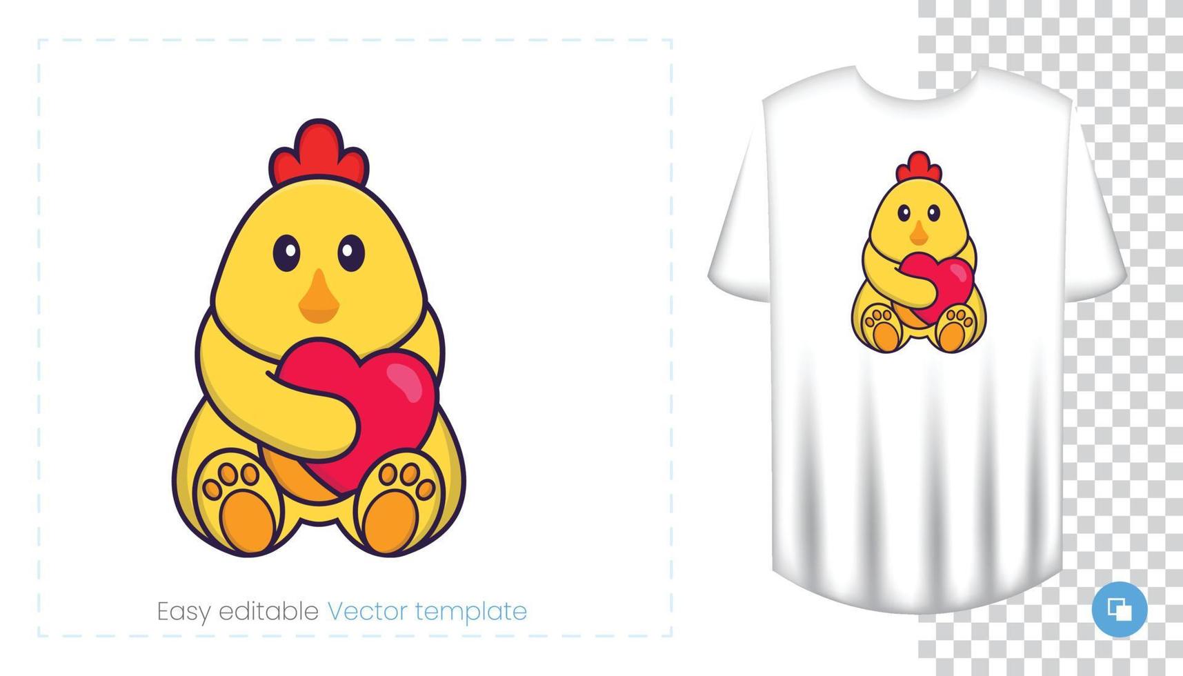 personagem de frango bonito. impressões em t-shirts, camisolas, estojos para telemóveis, lembranças. ilustração isolada do vetor no fundo branco.