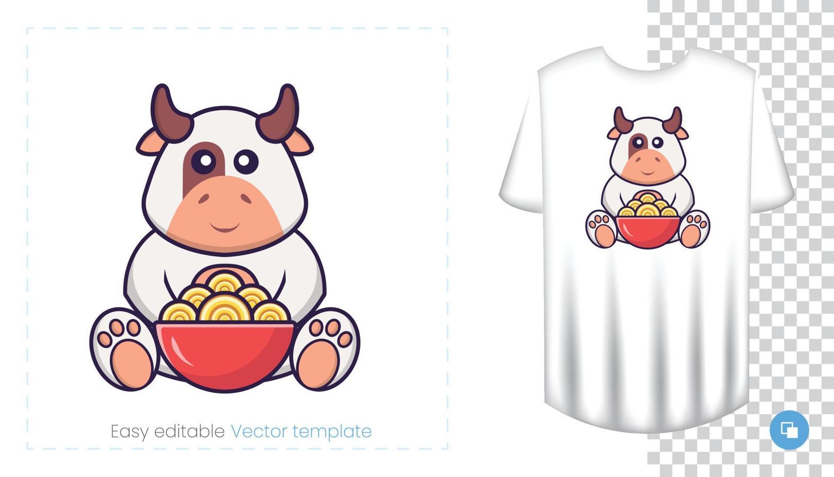 personagem de vaca fofa. impressões em t-shirts, camisolas, estojos para telemóveis, lembranças. ilustração isolada do vetor no fundo branco.