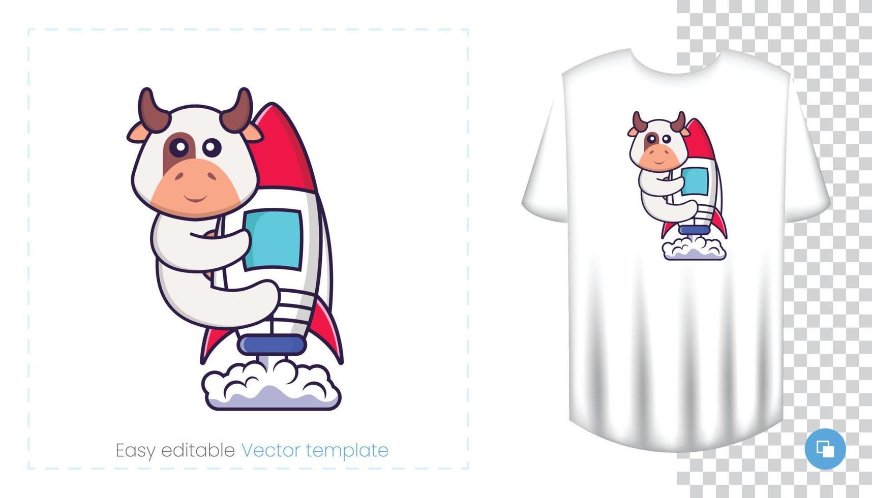 personagem de vaca fofa. impressões em t-shirts, camisolas, estojos para telemóveis, lembranças. ilustração isolada do vetor no fundo branco.