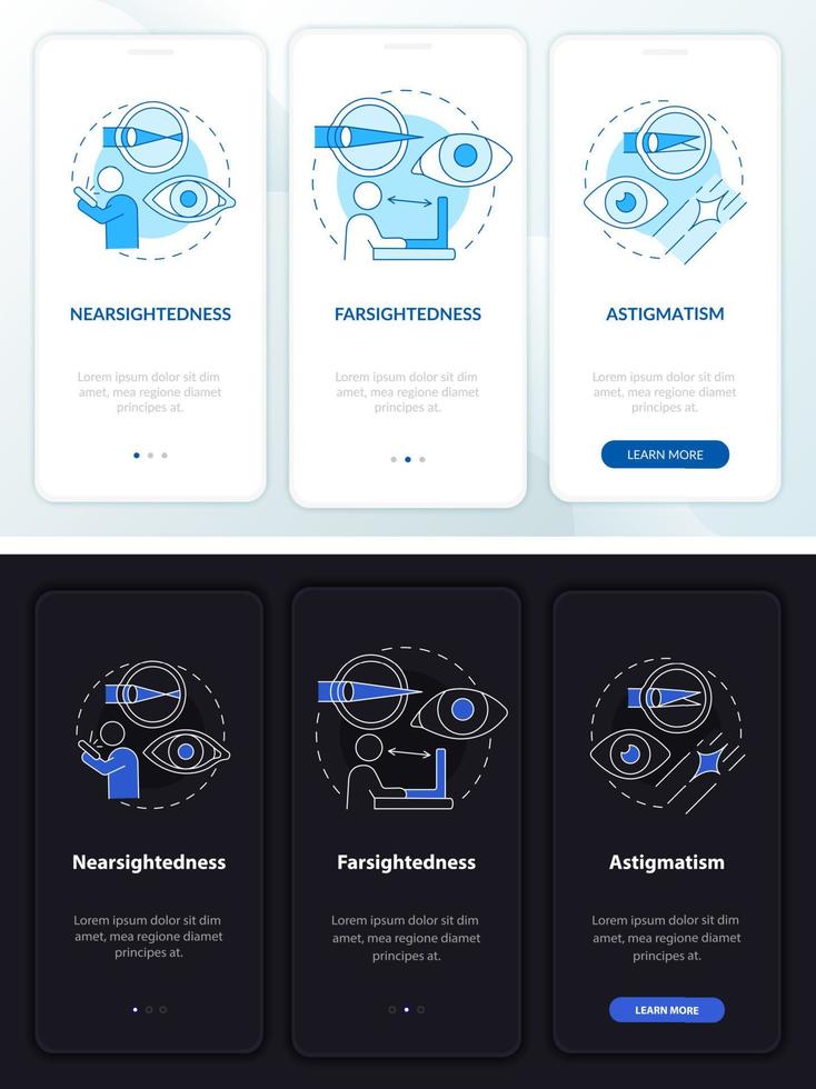 tela da página do aplicativo móvel onboarding branca e preta da operação da visão. cirurgia passo a passo 3 etapas instruções gráficas com conceitos. modelo de vetor ui, ux, gui com ilustrações lineares de modo noturno e diurno