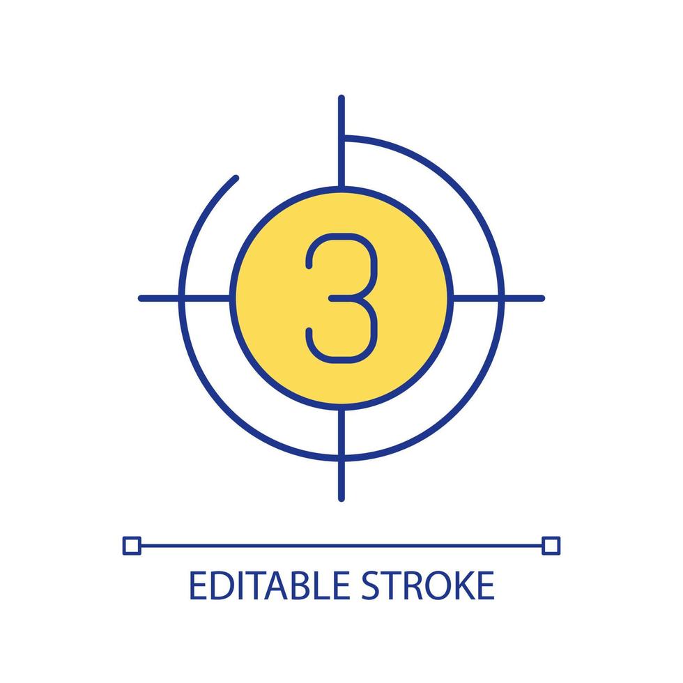 ícone de cor rgb do cronômetro de contagem regressiva. ferramenta de medição de tempo, verificação e controle de dados. número três no círculo amarelo. ilustração isolada do vetor. desenho de linha preenchido simples. curso editável vetor