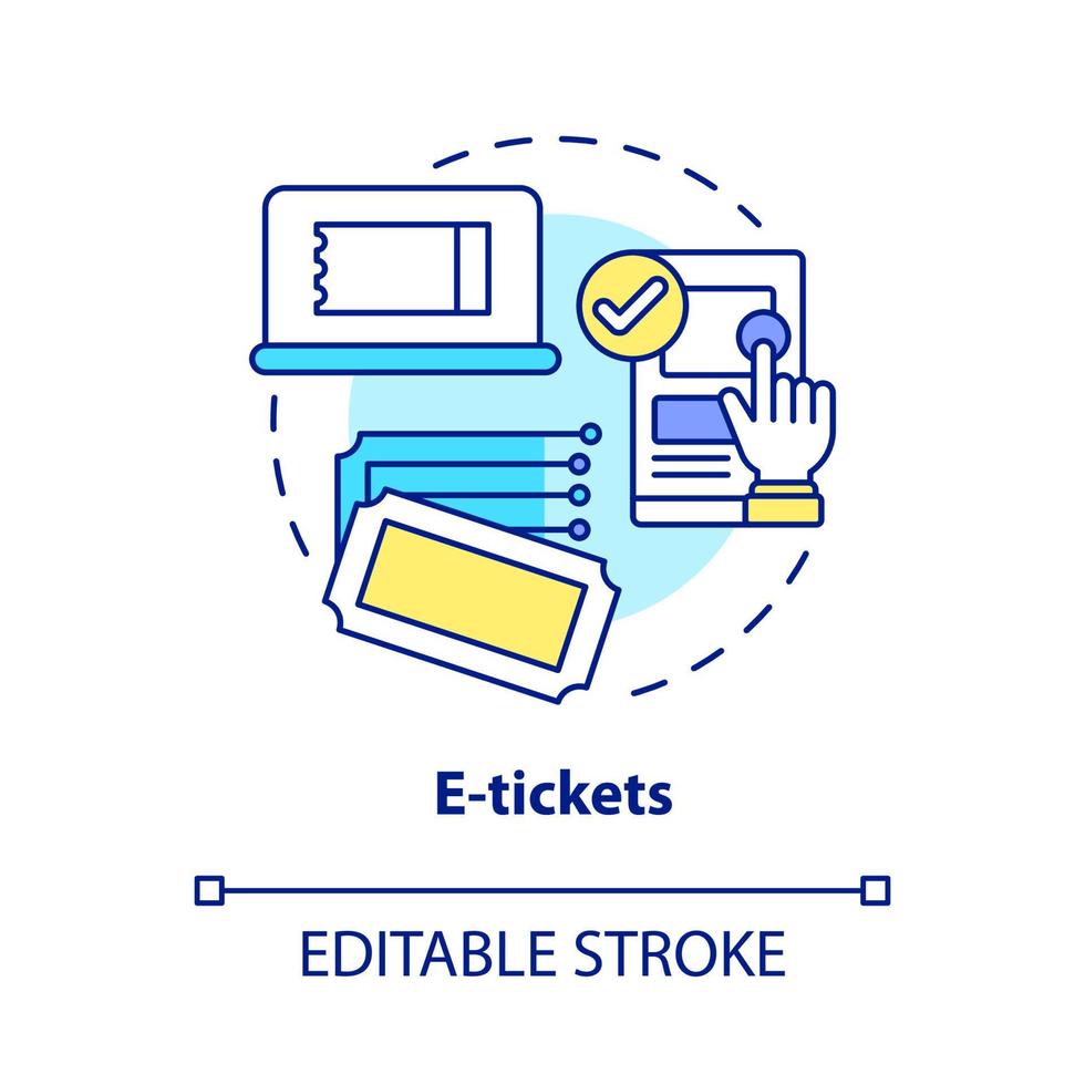 ícone do conceito de e-tickets. encomendar bilhetes de transporte público online. passageiro documento eletrônico idéia abstrata ilustração linha fina. desenho de cor de contorno isolado vetor. curso editável vetor