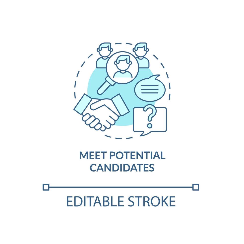 conhecer o ícone de conceito azul de candidatos potenciais. atraindo talentos ilustração de linha fina de ideia abstrata. oferecem oportunidades. processo de contratação. desenho de cor de contorno isolado vetor. curso editável vetor