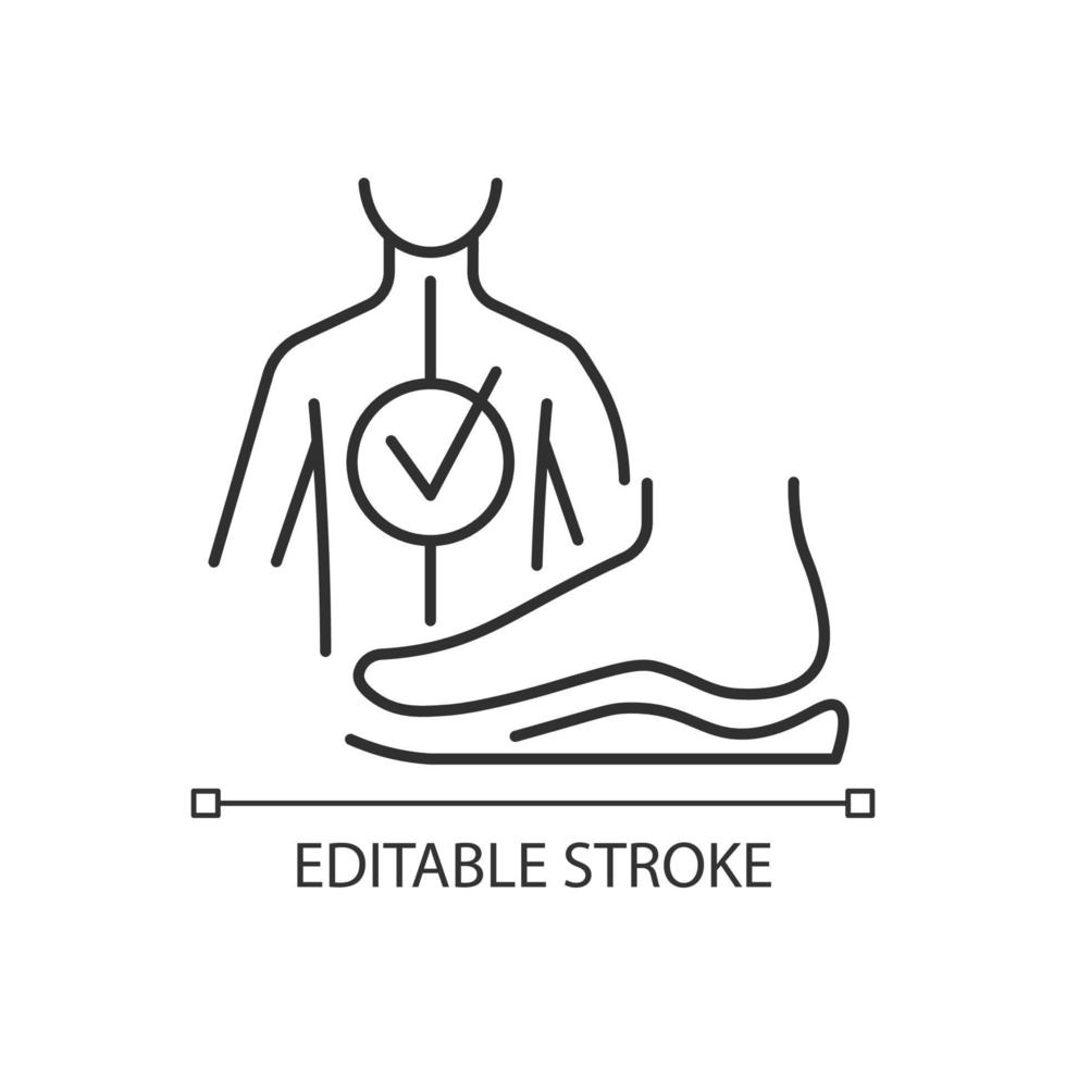 ícone linear de órteses. órteses para os pés. almofada de pé. prevenção da escoliose. correção de postura. ilustração personalizável de linha fina. símbolo de contorno. desenho de contorno isolado do vetor. curso editável vetor