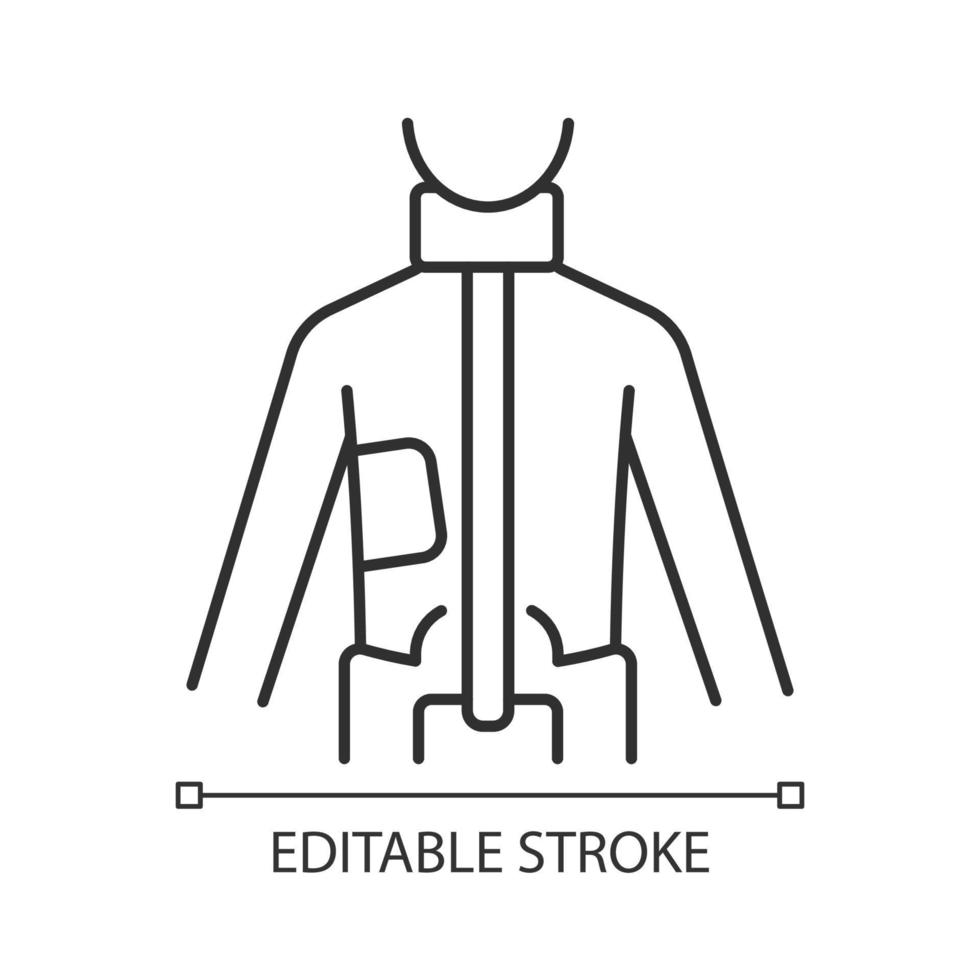 ícone linear de cinta milwaukee. órtese espinhal. escoliose prevenindo espartilho. tratamento não cirúrgico. ilustração personalizável de linha fina. símbolo de contorno. desenho de contorno isolado do vetor. curso editável vetor