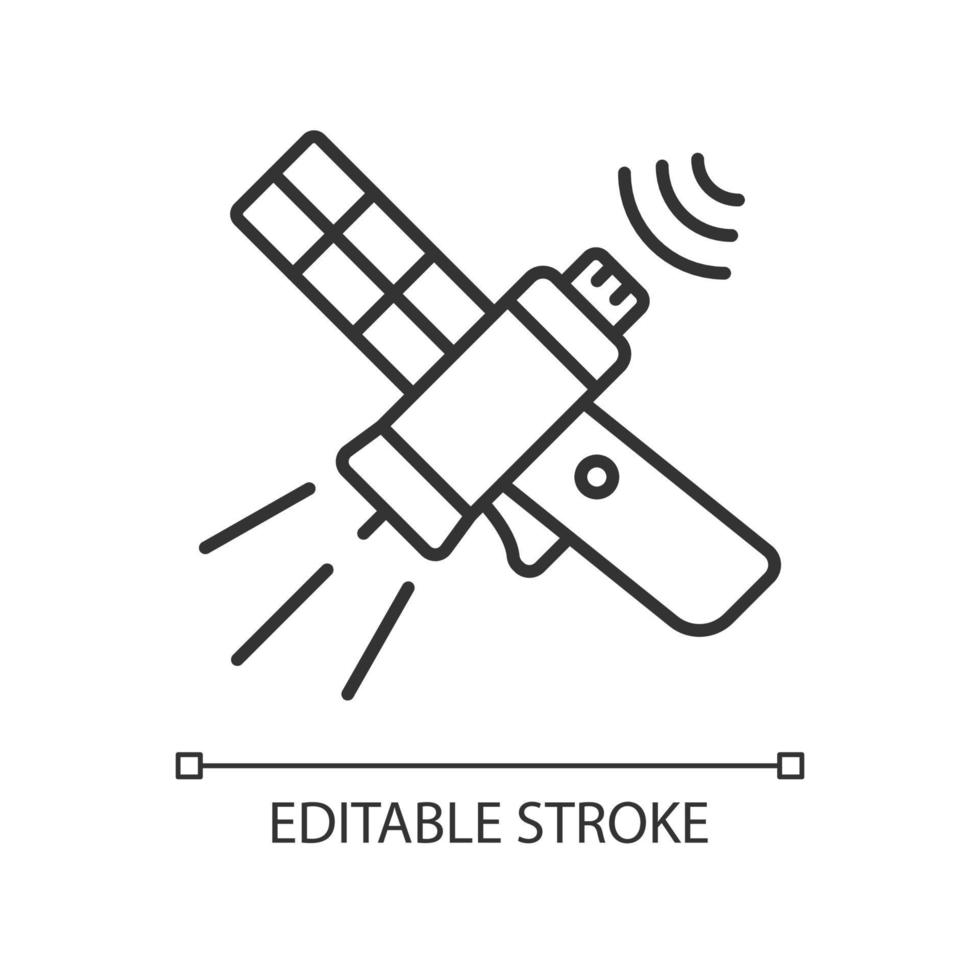 ícone linear de satélite de comunicações. rede de telecomunicações. transmitindo sinal de satélite. ilustração personalizável de linha fina. símbolo de contorno. desenho de contorno isolado do vetor. curso editável vetor