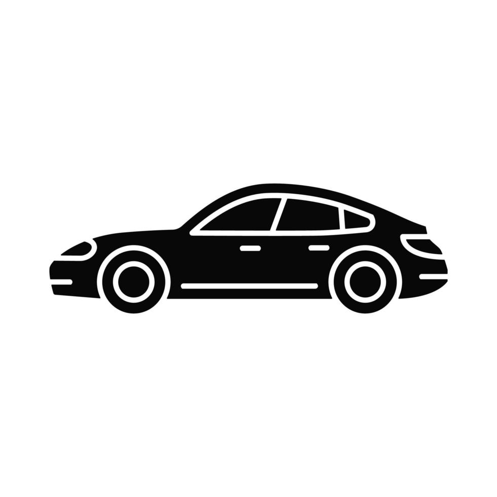 ícone de glifo preto sedan esportivo. veículo de passageiros de luxo. automóvel desportivo de quatro portas. carro focado no desempenho. auto com manuseio esportivo. símbolo da silhueta no espaço em branco. ilustração isolada do vetor