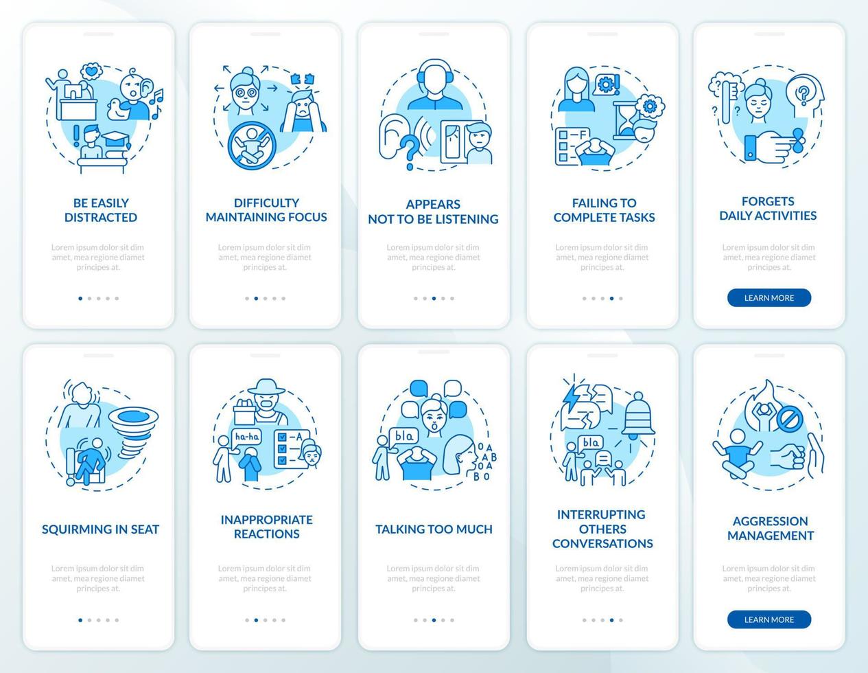 conjunto de tela de página de aplicativo móvel de diagnóstico adhd. comportamento compulsivo assina instruções gráficas de 5 etapas com conceitos. modelo de vetor ui, ux, gui com ilustrações coloridas lineares