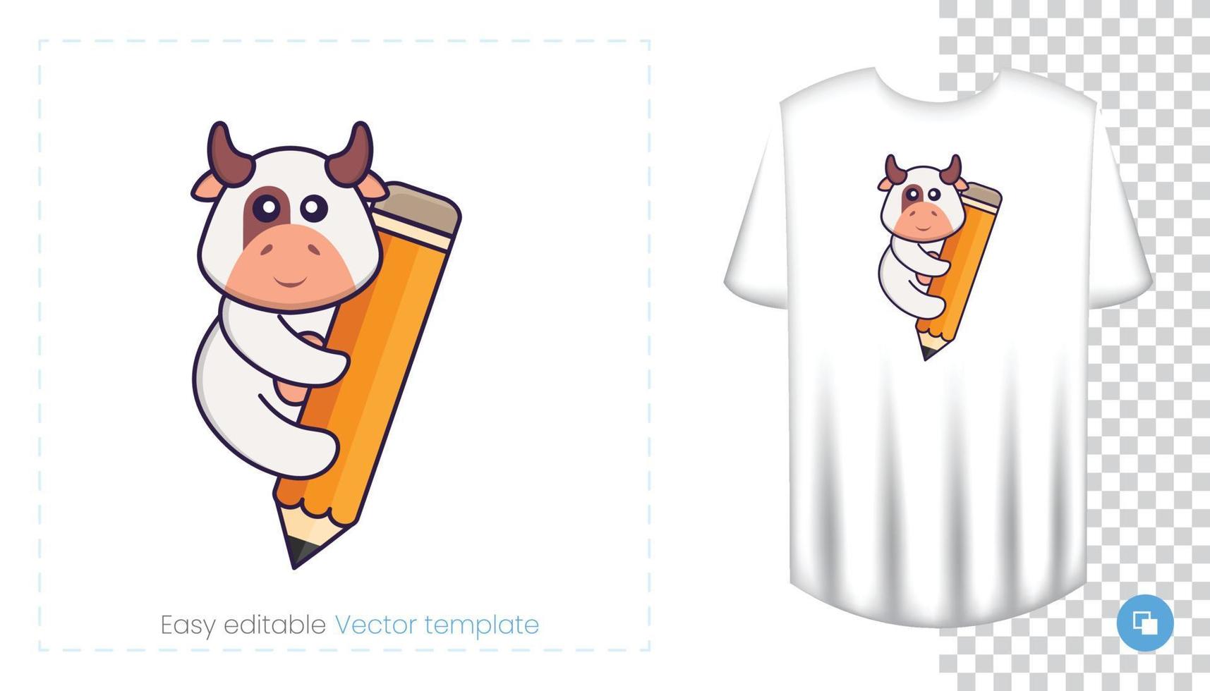 personagem de vaca fofa. impressões em t-shirts, camisolas, estojos para telemóveis, lembranças. ilustração isolada do vetor no fundo branco.