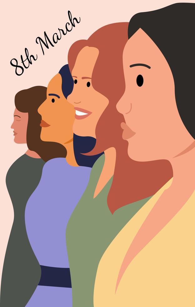 cartão ou pôster para 8 de março com mulheres de diferentes nacionalidades e culturas. o dia da igualdade das mulheres ou o dia das mulheres felizes. ilustração plana do vetor. vetor