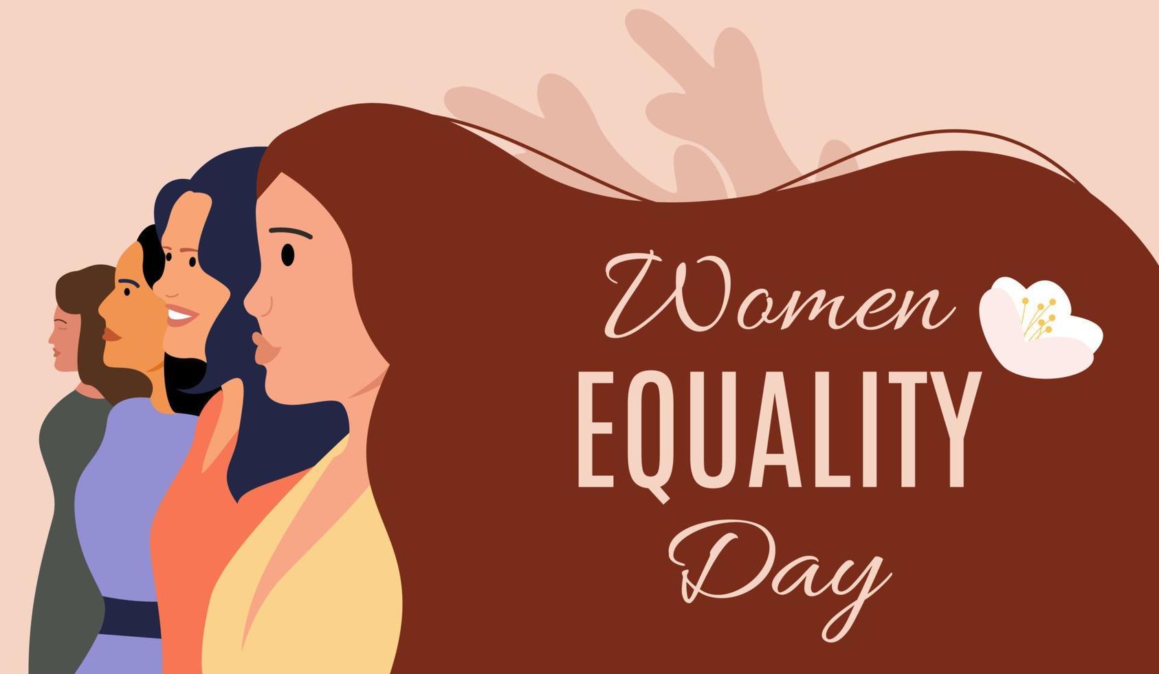 banner de felicitações para o dia da igualdade das mulheres. mulheres com cabelos longos lutam por seus direitos. cartão, banner, modelo. ilustração vetorial. vetor