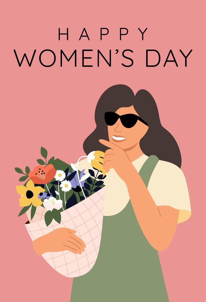 cartão com uma mulher de óculos que está segurando um buquê de flores. feliz dia das mulheres. cartão de felicitações, plano de fundo, modelo, cartaz. ilustração em vetor plana e vintage.