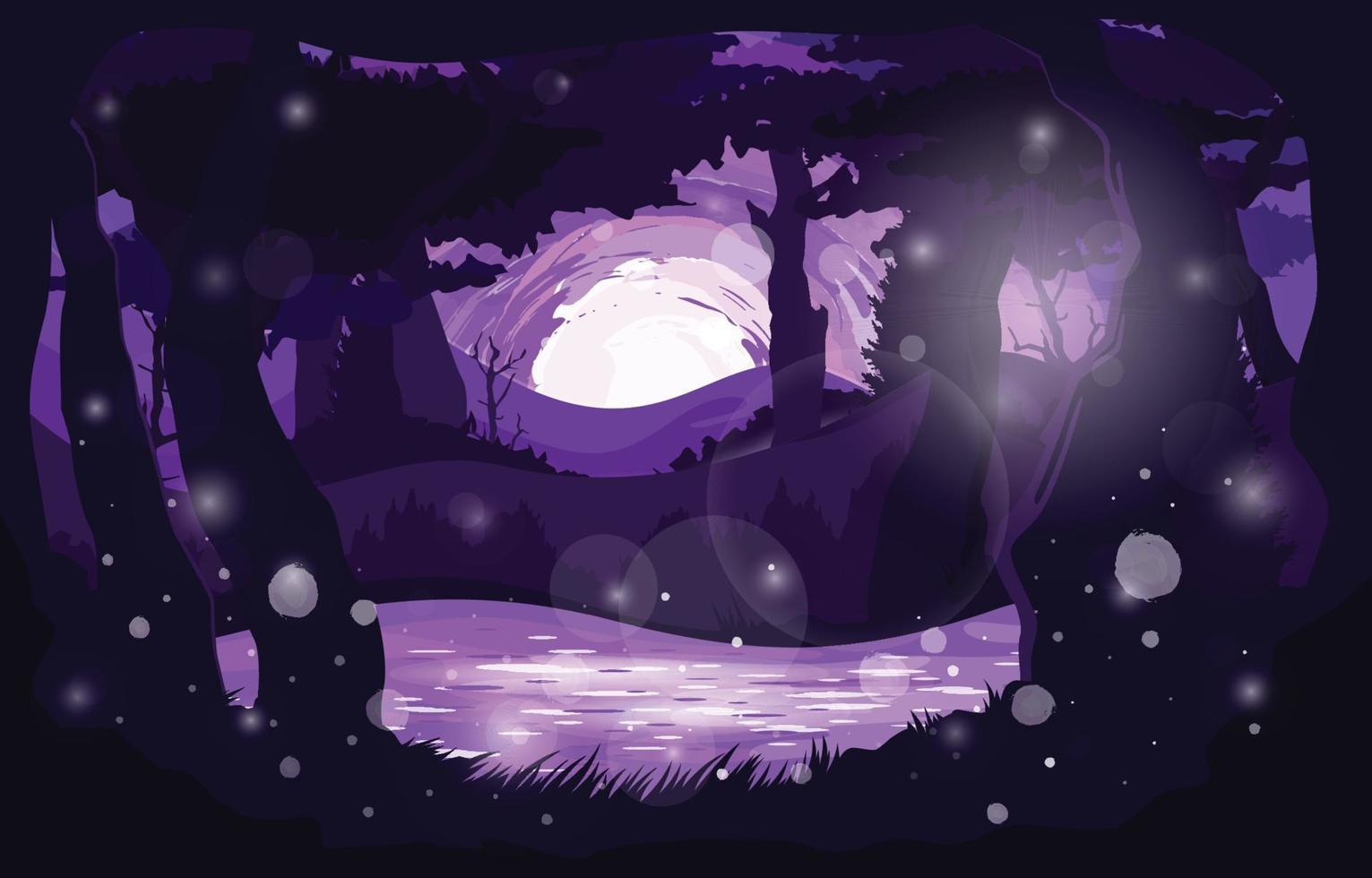 fantasia roxa de floresta escura com lago florescendo vetor