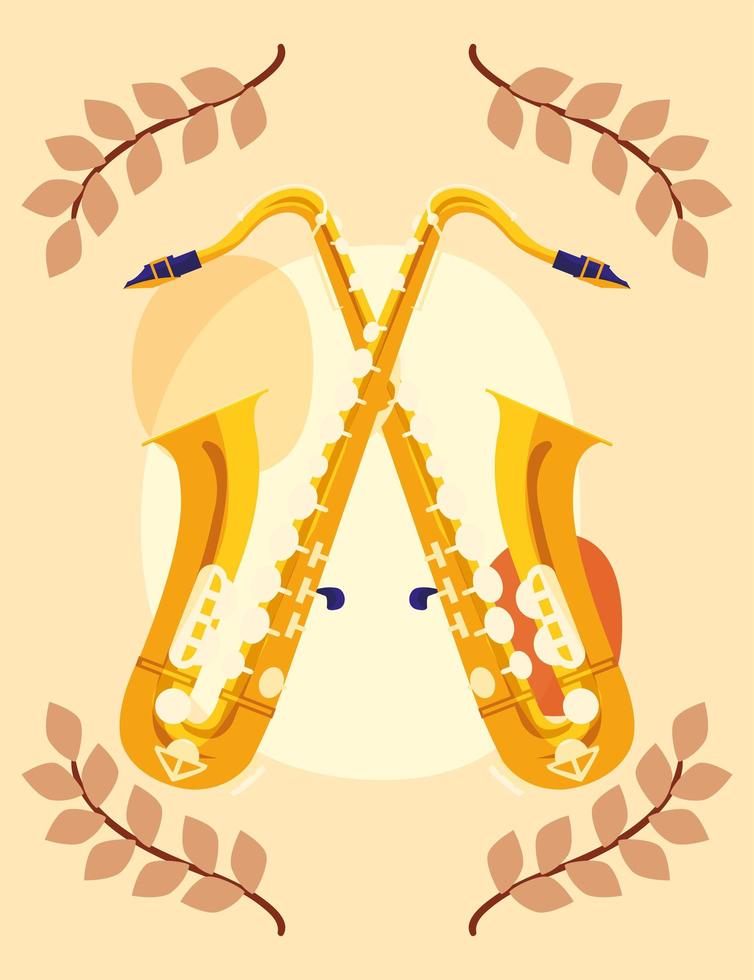 saxofones instrumentos e folhas desenho vetorial vetor