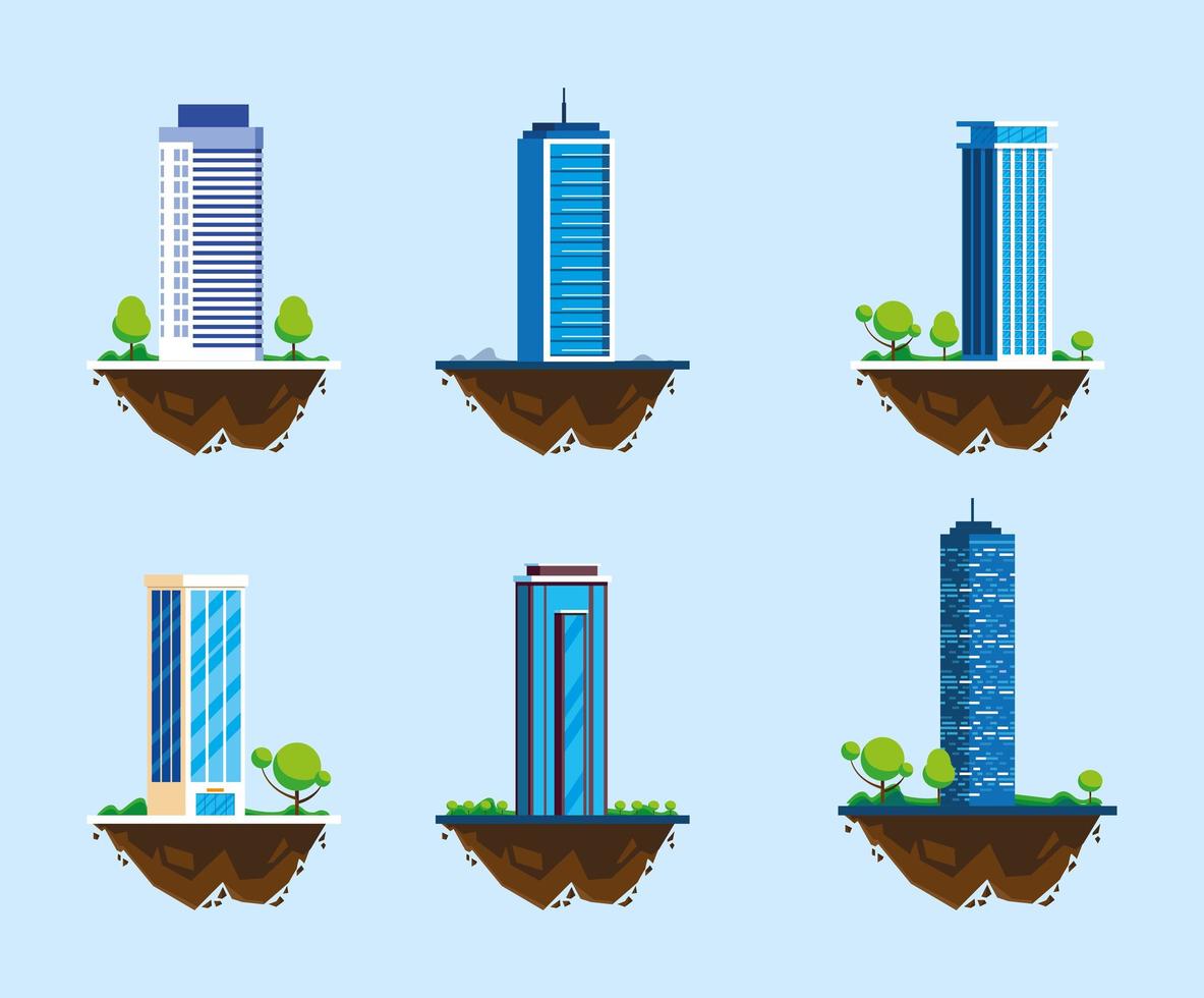 conjunto de ícones de edifícios sobre terreno, paisagem urbana vetor