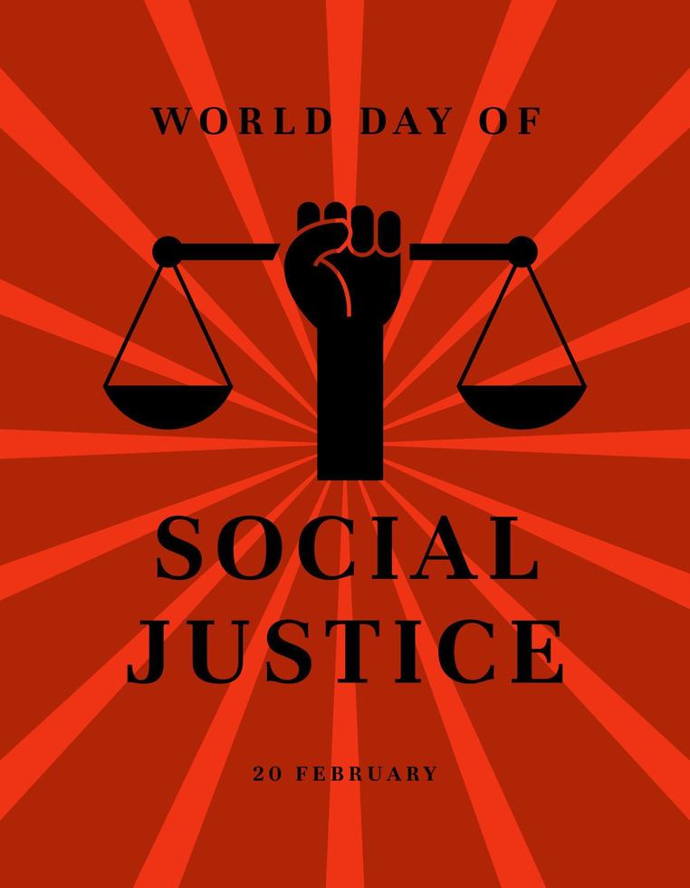 ilustração vetorial de banner do dia mundial da justiça social com alça para cima da balança da justiça em um fundo vermelho vetor