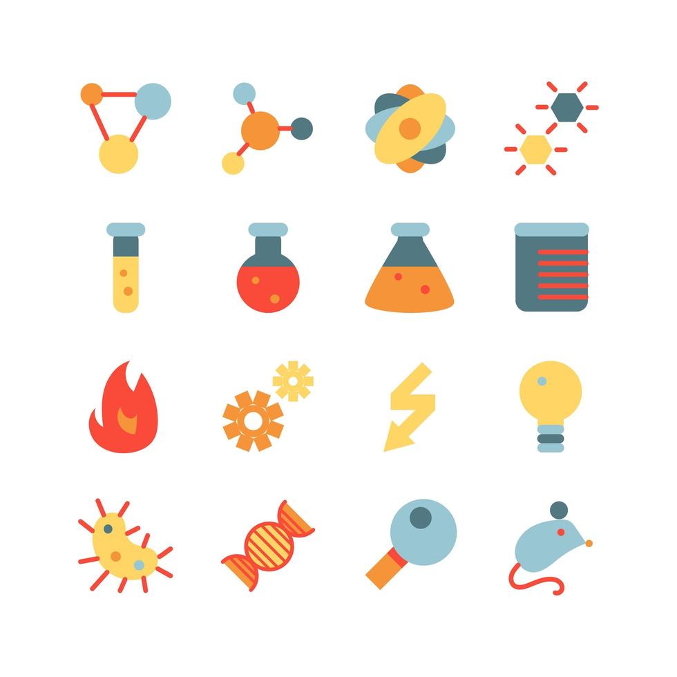 conjunto de ícones planos de pesquisa científica vetor