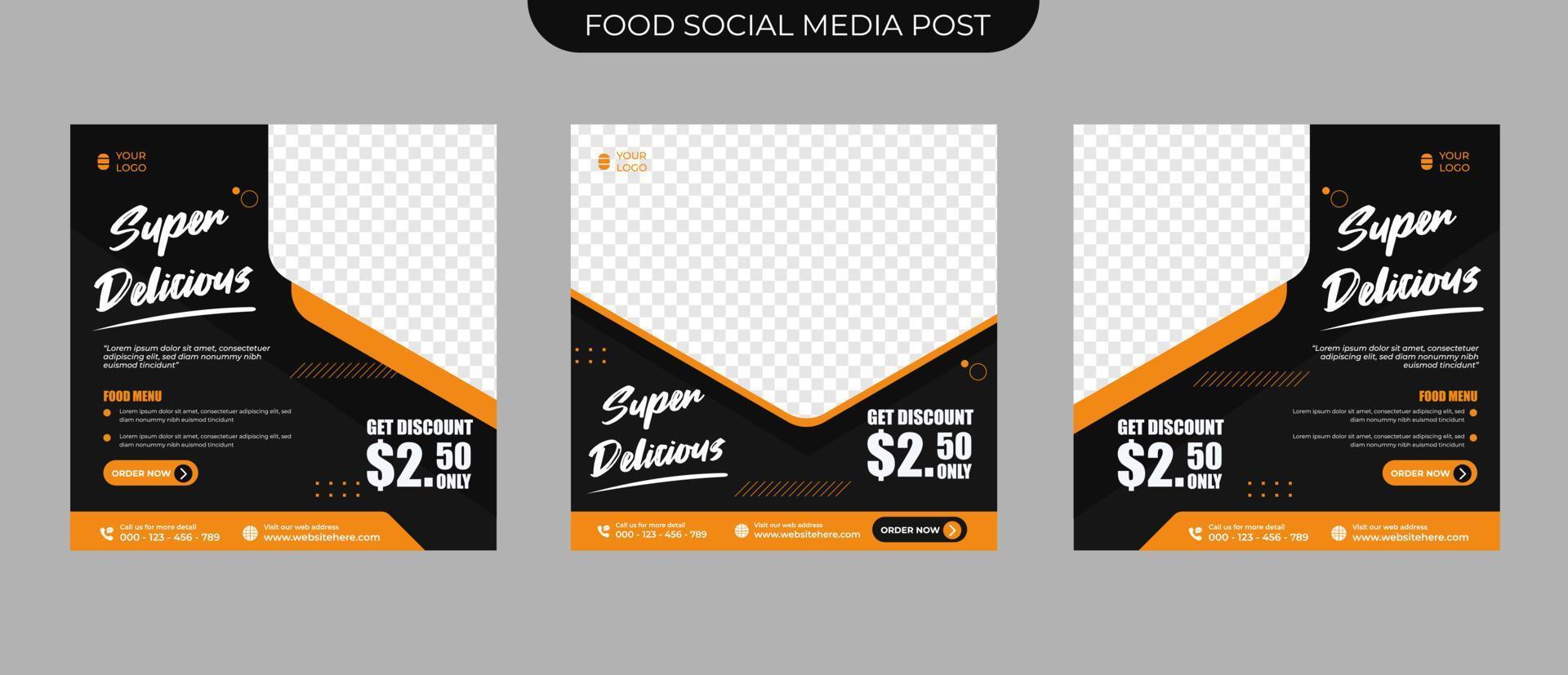 conjunto de conceito de promoção de menu de comida de restaurante editável para mídia social pós-banner e modelo de vetor quadrado de folheto