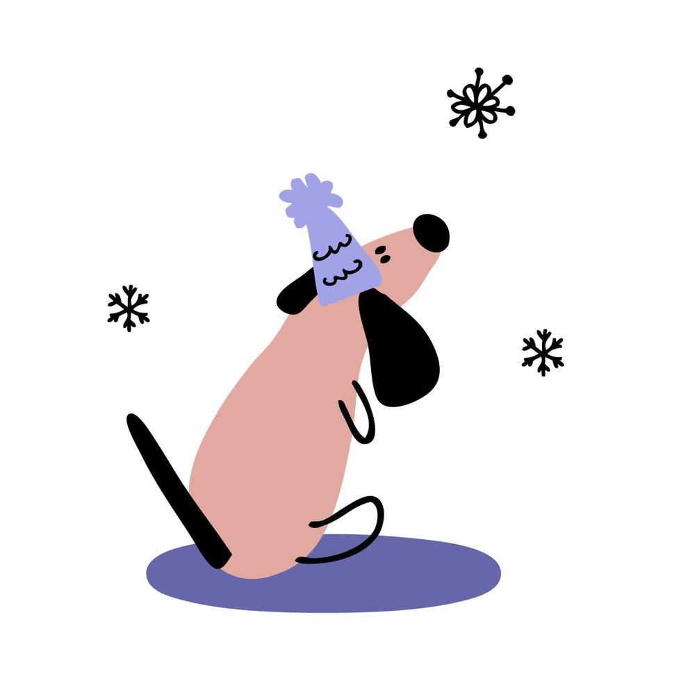 mão desenhada dachshund de inverno no chapéu com flocos de neve. vetor