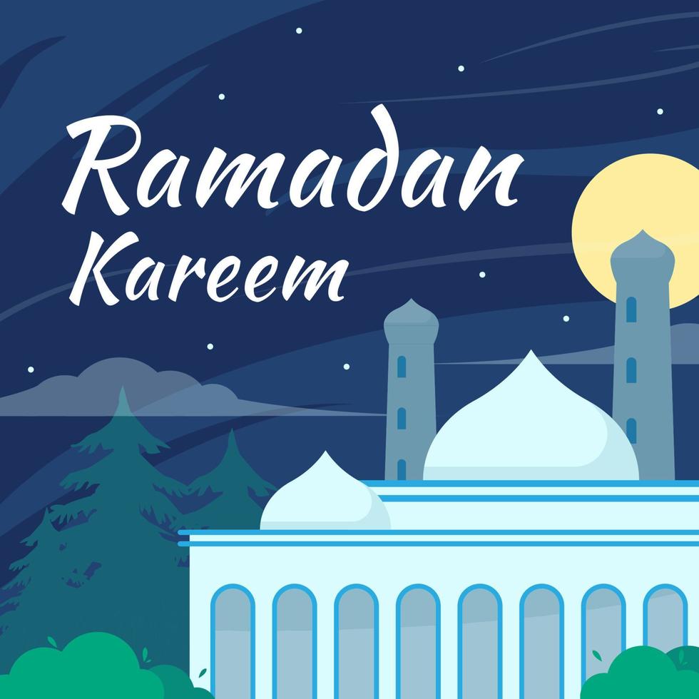 vista da mesquita à noite, ramadan kareem mubarak fundo para modelo de mídia social, cartão de felicitações em design plano ilustração paisagem vetor